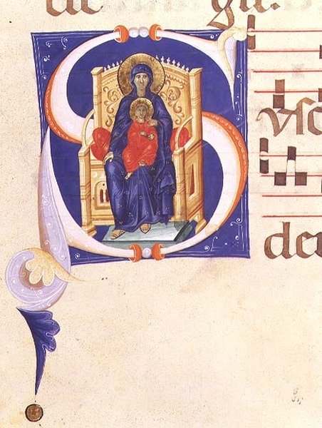 Ms 562 f.16r Historioitu alkukirjain "S", joka kuvaa Madonnaa ja lasta valtaistuimelle, asteittain San Jacopo di Ripolin luostarista, 1300-luvun alussa tekijältä Giovanni (follower of) Cimabue