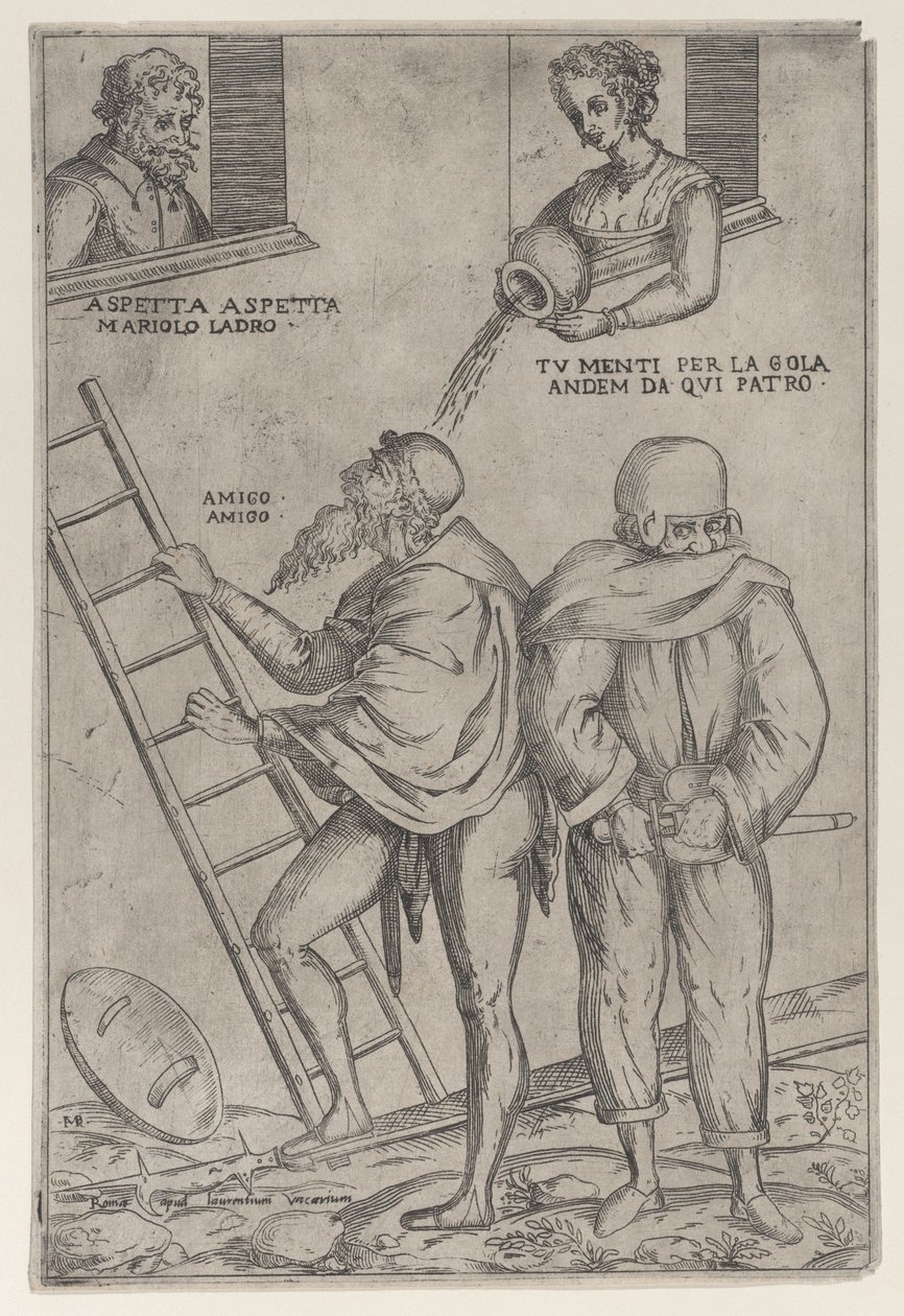 Mies kiipeää tikkaita ja nainen heittää vettä hänen päälleen ylhäältä, 1575-99. tekijältä Giovanni Ambrogio Brambilla