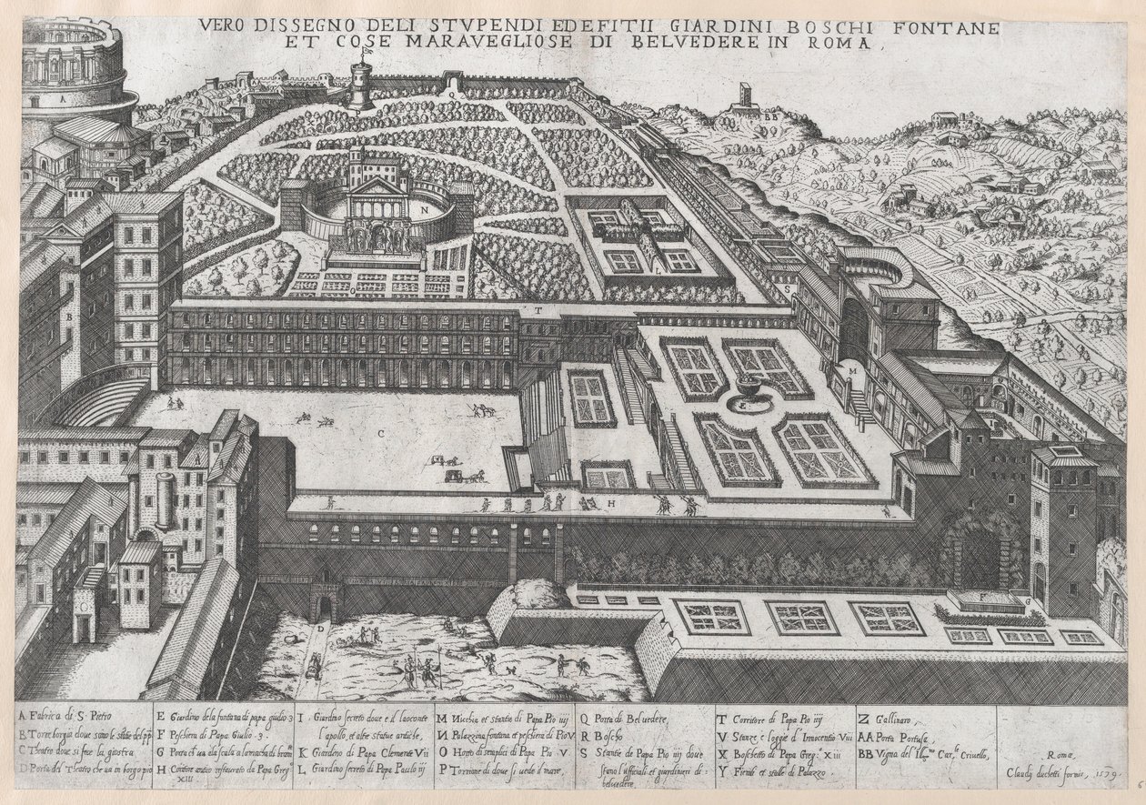 Roomalaisen loiston peili: Ilmakuva Belvederestä ja sen puutarhoista, 1579, 1579. tekijältä Giovanni Ambrogio Brambilla.