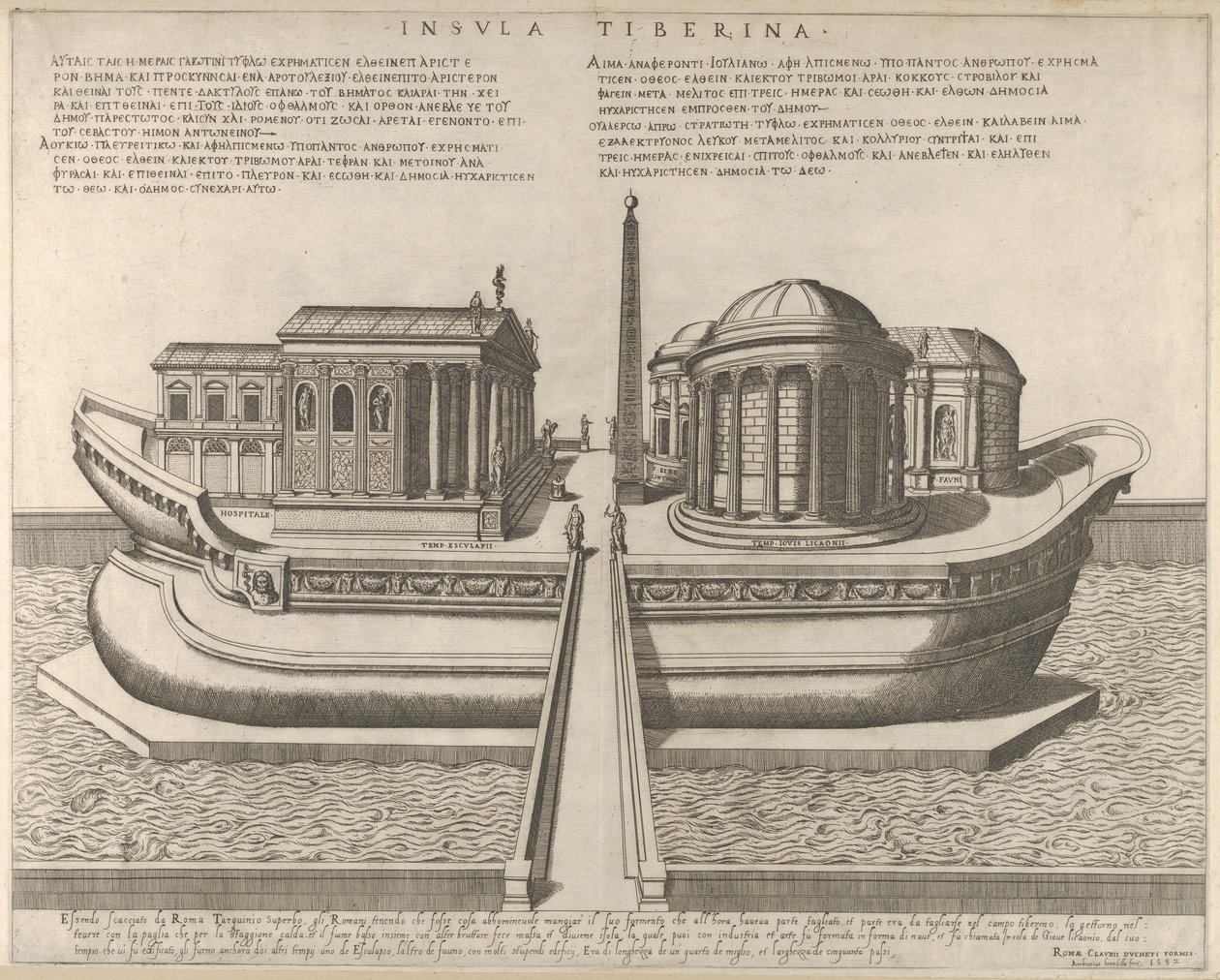 Näkymä Tiber-saarelle, joka on esitetty laivana, Aesculapiuksen temppeli vasemmalla, 1582, 1582. tekijältä Giovanni Ambrogio Brambilla