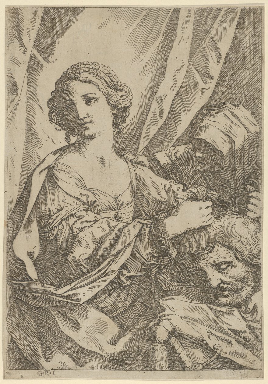 Judith tarttui Holofernesin päähän hiuksista ja katsoi vasemmalle, vanha hä..., 1600-1640. tekijältä Giovanni Andrea Sirani