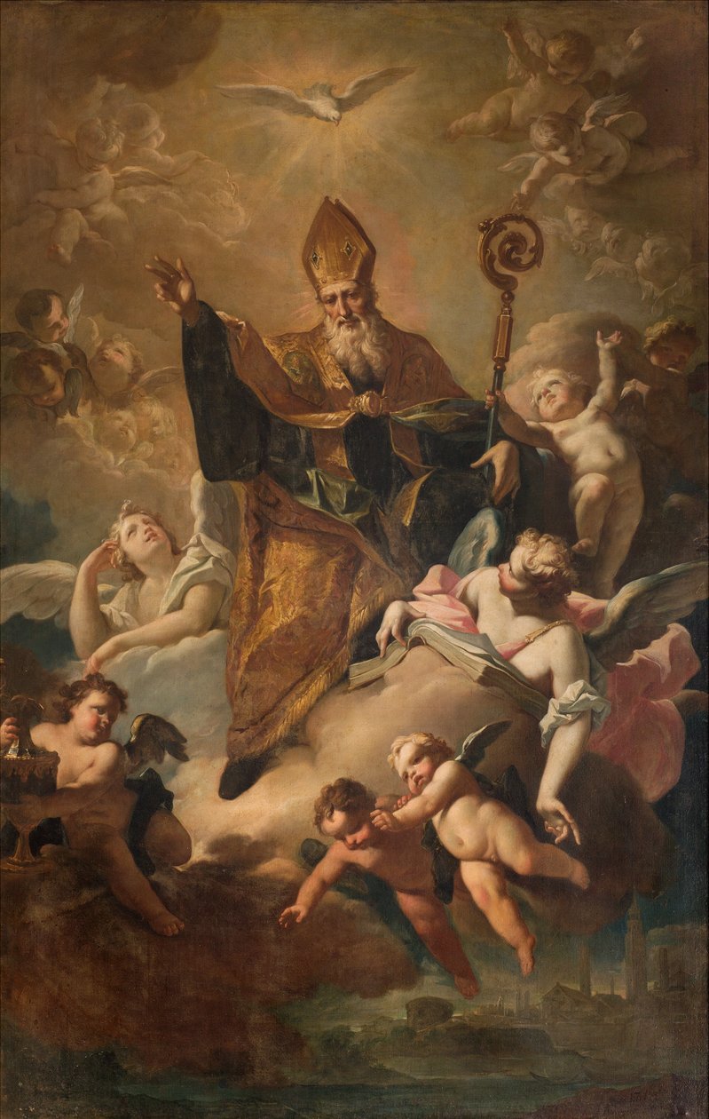 Eteläinen poikkiristeys, San Benedetton alttari, Pyhä Benedictus Gloriassa kaupunkia siunatessaan, Giovanni Angelo Borronin alttaritaulu, San Benedetto Gloriassa kaupunkia siunattaessa 1744 tekijältä Giovanni Angelo Borroni
