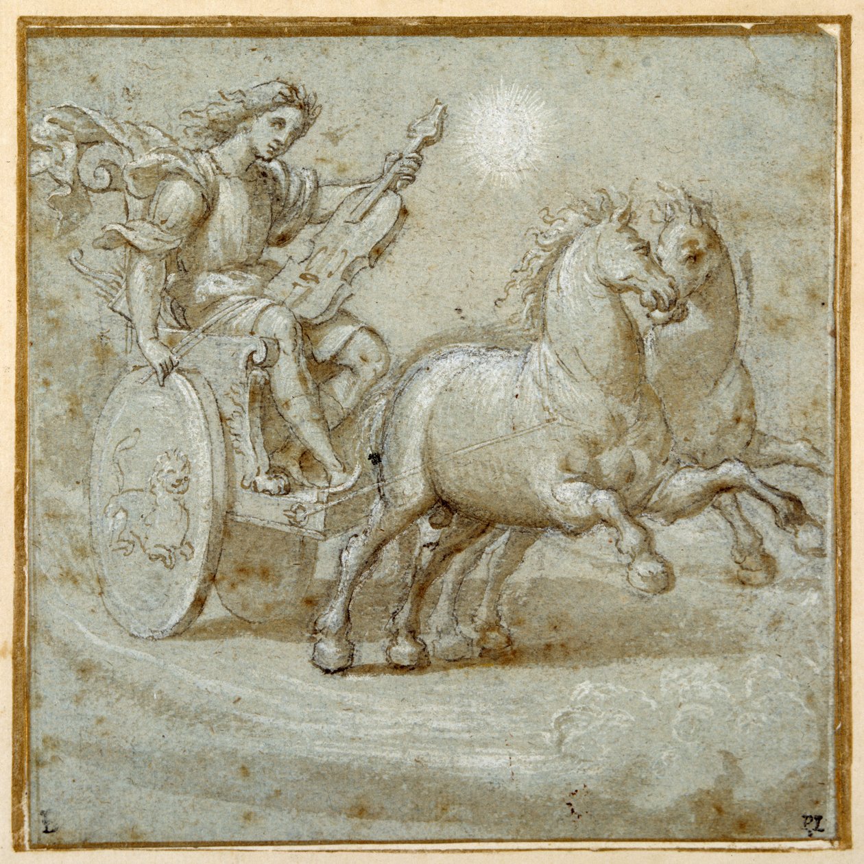 Apol·lo assegut en el seu carro amb la seva viola (guix negre, ploma i tinta marró amb rentat marró realçat amb el color del cos blanc a la carta azzurra) finlandès tekijältä Giovanni Antonio (circle of) Pordenone
