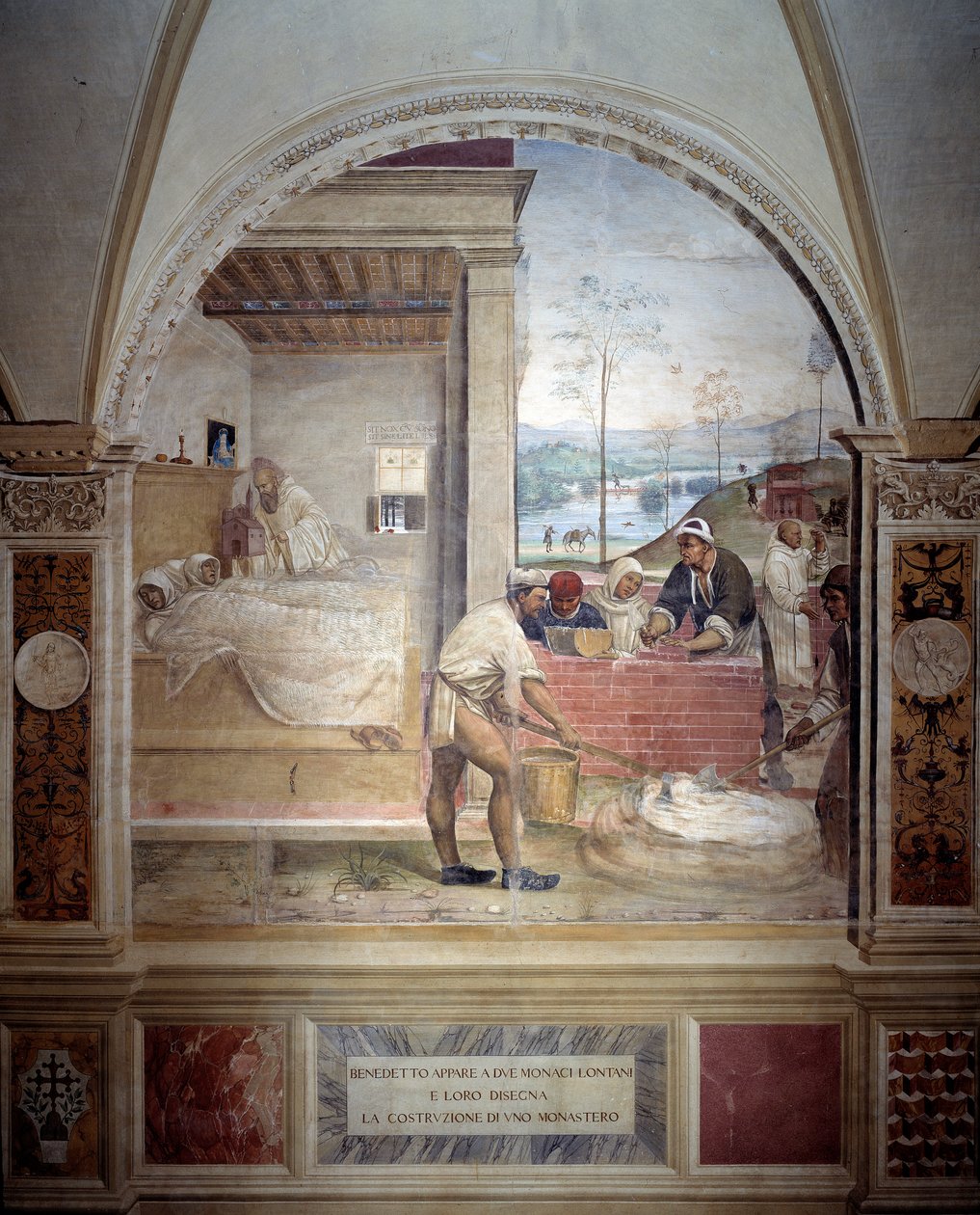 Benedictus ilmestyy kahdelle munkille ja esittelee heille Antonio Bazzi dit il Sodoman (1477 - 1549) luostarin freskon luostarin, joka kertoo Benedictin Ritarikunnan vuonna 1503 perustajan Pyhän Benedict of Nursie (480 - 567) elämästä - 1508 Ab tekijältä Giovanni Antonio Bazzi Sodoma