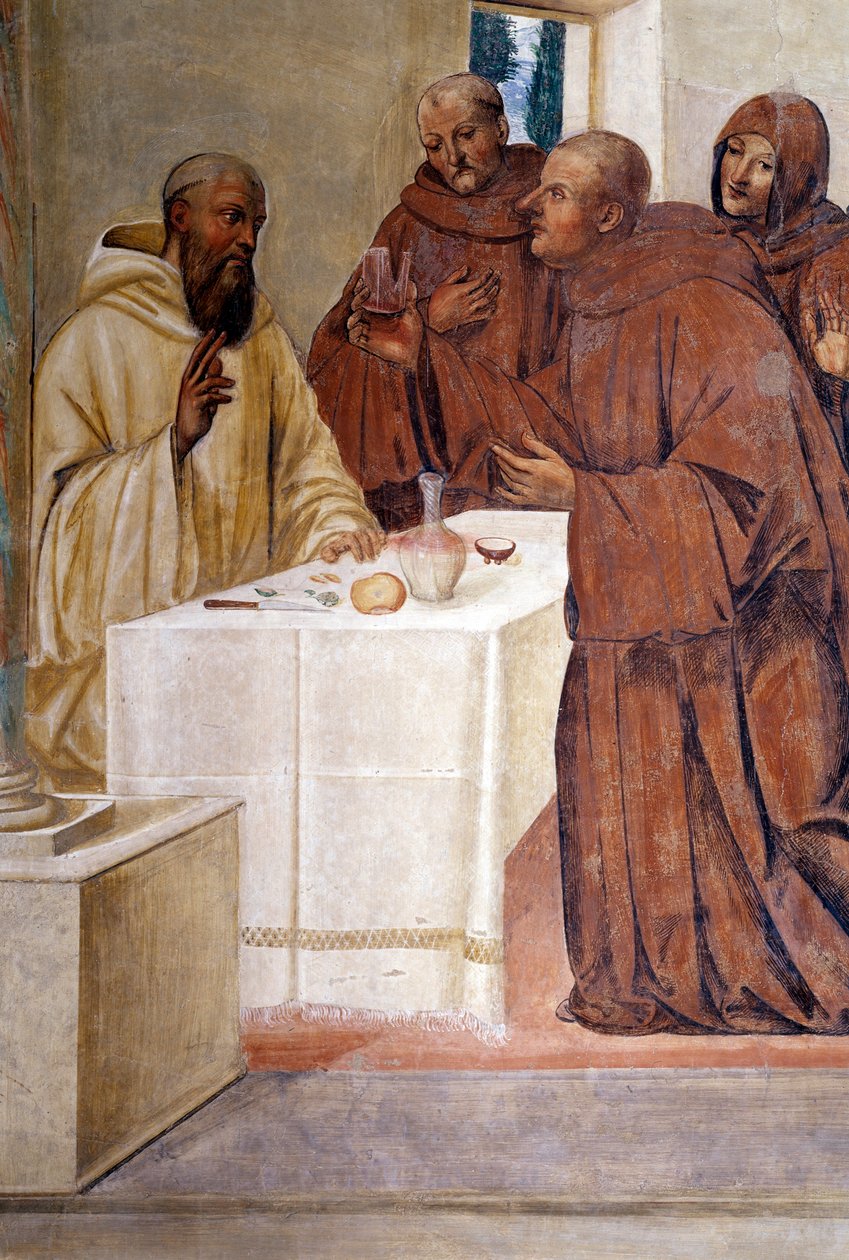 Benedictus rikkoo lasin myrkytettyä viiniä tekemällä ristin merkin Giovan Antonio Bazzi di Sodoman (1477-1549) luoma freskon, joka kertoo Benediktiiniritarikunnan perustajan Pyhän Benedictus Nursian (480 - 567) elämästä 1505-15 tekijältä Giovanni Antonio Bazzi Sodoma