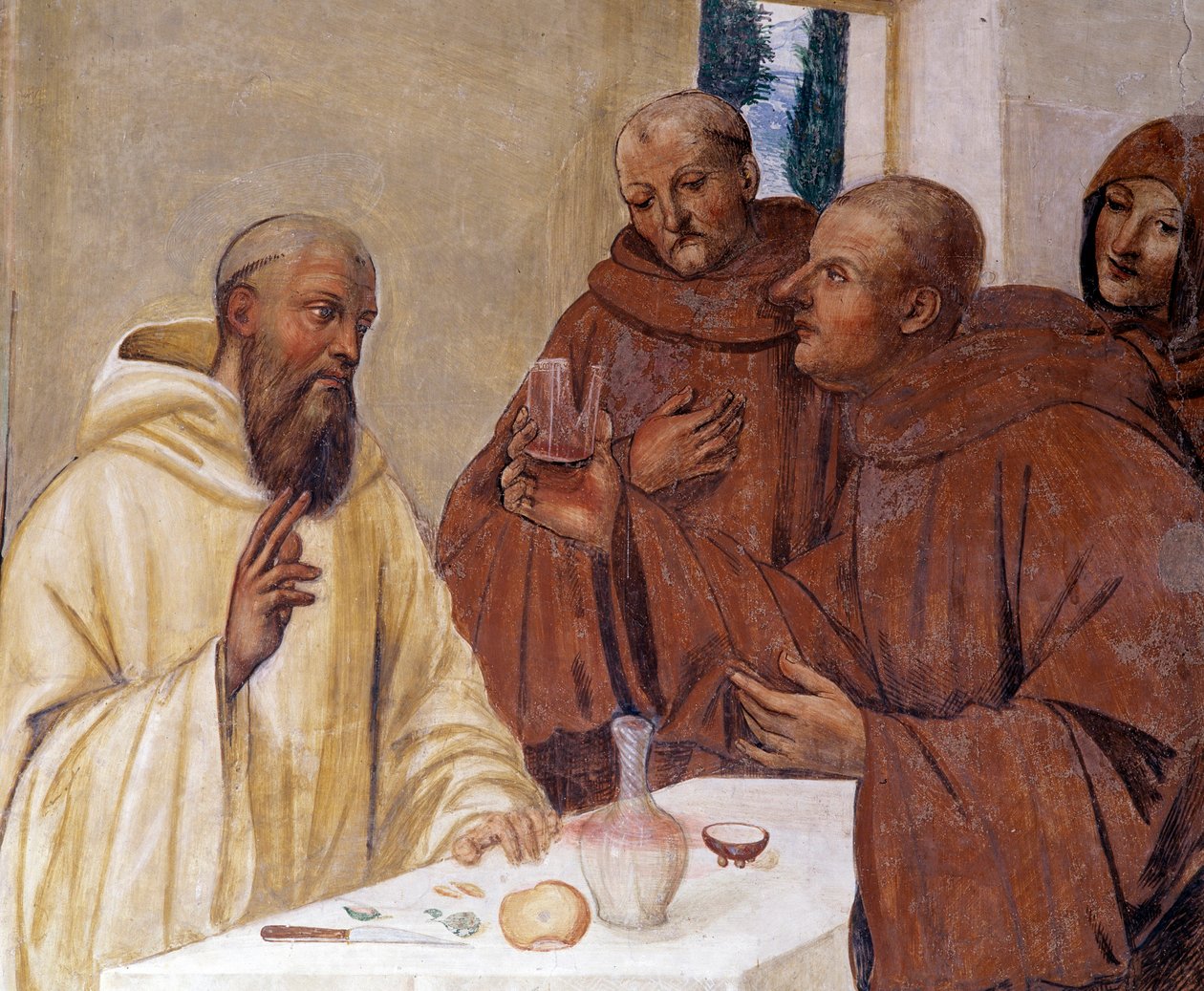 Benedict rikkoo lasin myrkytettyä viiniä tekemällä ristin merkin Antonio Bazzi dit il Sodoman (1477 - 1549) luoma freskon yksityiskohta kertoo Benediktiiniritarikunnan perustajan 1503 Pyhän Benedict of Nursie (480 - 567) elämästä - 1508 tekijältä Giovanni Antonio Bazzi Sodoma