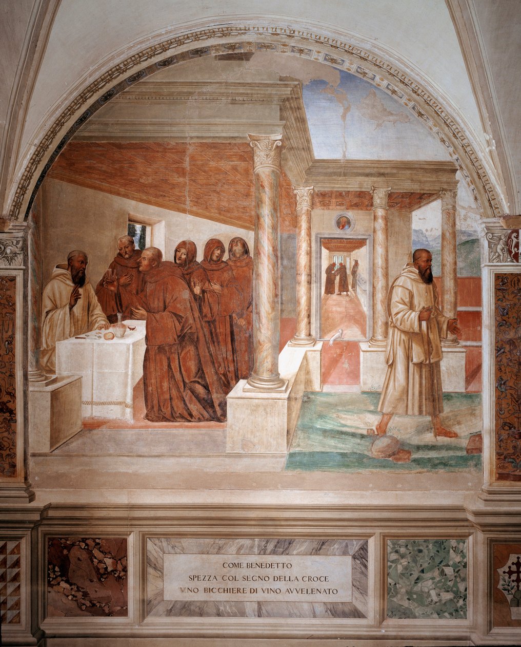 Benedict rikkoo lasin myrkytettyä viiniä tehden merkin Antonio Bazzi dit il Sodoman (1477 - 1549) luostarin ristifreskosta, joka kertoo Benediktiiniritarikunnan perustajan 1503 Pyhän Benedict of Nursie (480 - 567) elämästä - 1508 Abbey tekijältä Giovanni Antonio Bazzi Sodoma