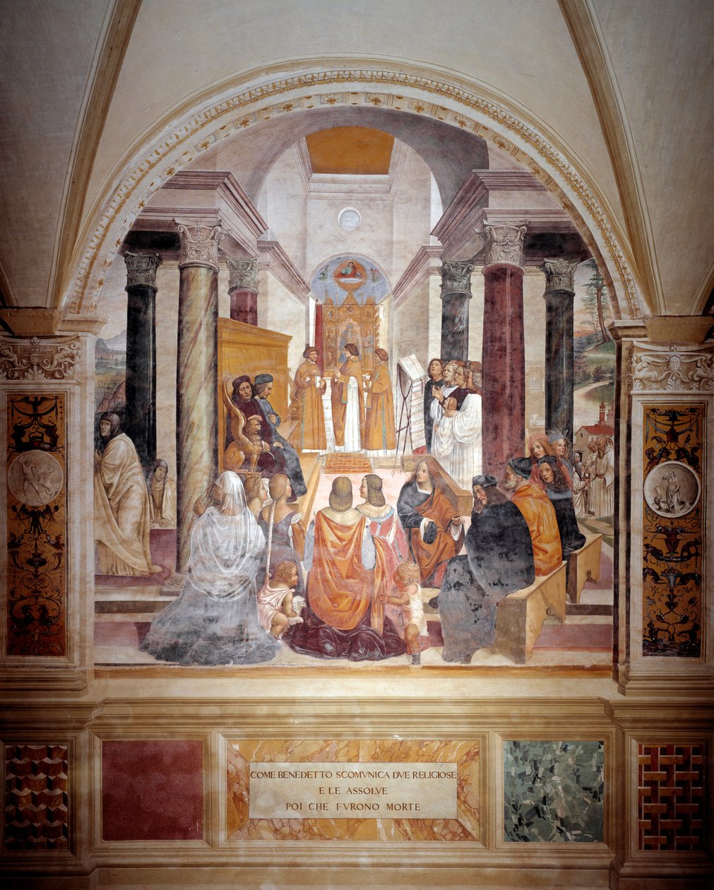 Benedictus erotti kaksi nunnaa ja vapauttaa heidät heidän kuolemansa jälkeen Antonio Bazzi dit il Sodoman (1477 - 1549) luostarin freskon, joka kertoo Benedict of Nursialaisen (480 - 567) Benediktiiniritarikunnan perustajan 1503 - Ab 1508 elämästä. tekijältä Giovanni Antonio Bazzi Sodoma
