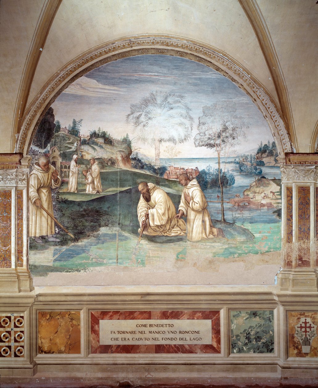 Benedict saa sirpin putoaa järvifreskoon Giovan Antonio Bazzi di Sodoman (1477-1549) luomassa luostarissa, joka kertoo Benedict of Nursie -järjestön perustajan 1505-1508 Monte Olive Abbey -luostari Benedictuksen (480 - 567) elämästä. Maggiore, Fl tekijältä Giovanni Antonio Bazzi Sodoma