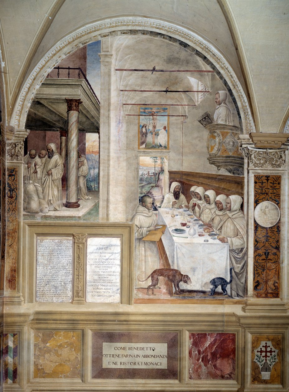 Benedictus saa runsaasti jauhoja ja ruokkii Antonio Bazzi dit il Sodoman (1477 - 1549) luostarin munkkifreskon, joka kertoo Benedict of Nursielaisen (480 - 567) Benedictiiniritarikunnan perustajan 1503 - 1508 Abbey of Monten elämästä. Oliveto tekijältä Giovanni Antonio Bazzi Sodoma