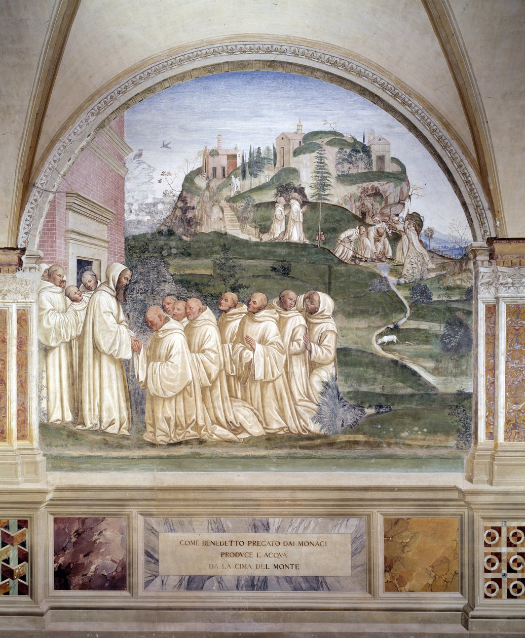 Benedict loi lähteen vuoren huipulla Antonio Bazzi dit il Sodoman (1477 - 1549) luostarin freskon, joka kertoo Benedictin Nursielaisen (480 - 567) elämästä, Benedictiiniritarikunnan perustaja 1503 - 1508 Abbey. Monte Oliveto tekijältä Giovanni Antonio Bazzi Sodoma