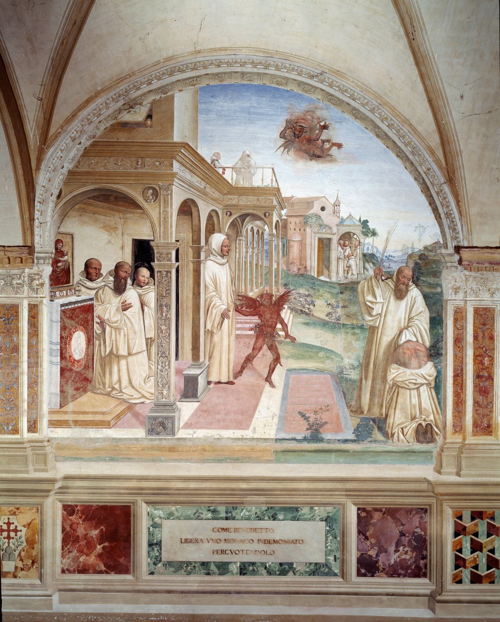 Benoit vapauttaa demonin hallitseman munkin (pyhä Benedictus vapauttaa paholaisen riivaaman miehen) Antonio Bazzi dit il Sodoman (1477 - 1549) luomasta freskosta, joka kertoo pyhän Benedict of Nursielaisen (480 - 567) perustajan elämästä. Benedictin ritari tekijältä Giovanni Antonio Bazzi Sodoma