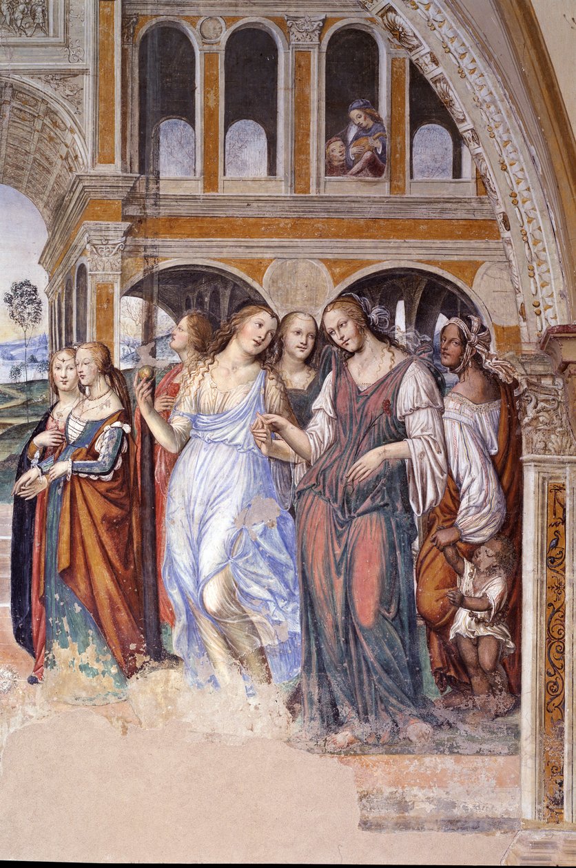 Florent lähetti prostituoituja luostariin (Florenzo lähettää kurtisaaneja pyhän Benedictin luostariin) Antonio Bazzi dit il Sodoman (1477 - 1549) toteuttaman kloosterin yksityiskohtainen fresko, joka kertoo ritarikunnan perustajan Pyhän Benedictin (480 - 5 tekijältä Giovanni Antonio Bazzi Sodoma