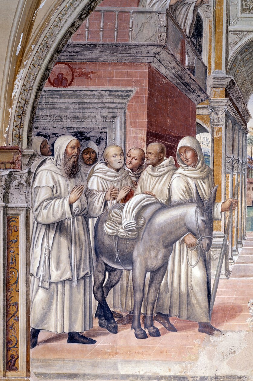 Florent lähetti prostituoituja luostariin (Florenzo lähettää kurtisaaneja pyhän Benedictin luostariin) Antonio Bazzi dit il Sodoman (1477 - 1549) toteuttaman kloosterin yksityiskohtainen fresko, joka kertoo ritarikunnan perustajan Pyhän Benedictin (480 - 5 tekijältä Giovanni Antonio Bazzi Sodoma