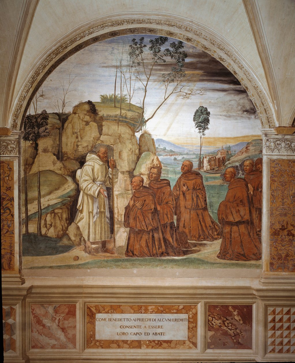 Kuinka Benedict vastaa erakkojen rukoukseen ja suostuu olemaan heidän johtajansa Antonio Bazzi dit il Sodoman (1477 - 1549) toteuttama kloosterin fresko, joka kertoo Benedict of Nursielaisen (480 - 567) Benediktiiniritarikunnan perustajan elämästä 1503 tekijältä Giovanni Antonio Bazzi Sodoma