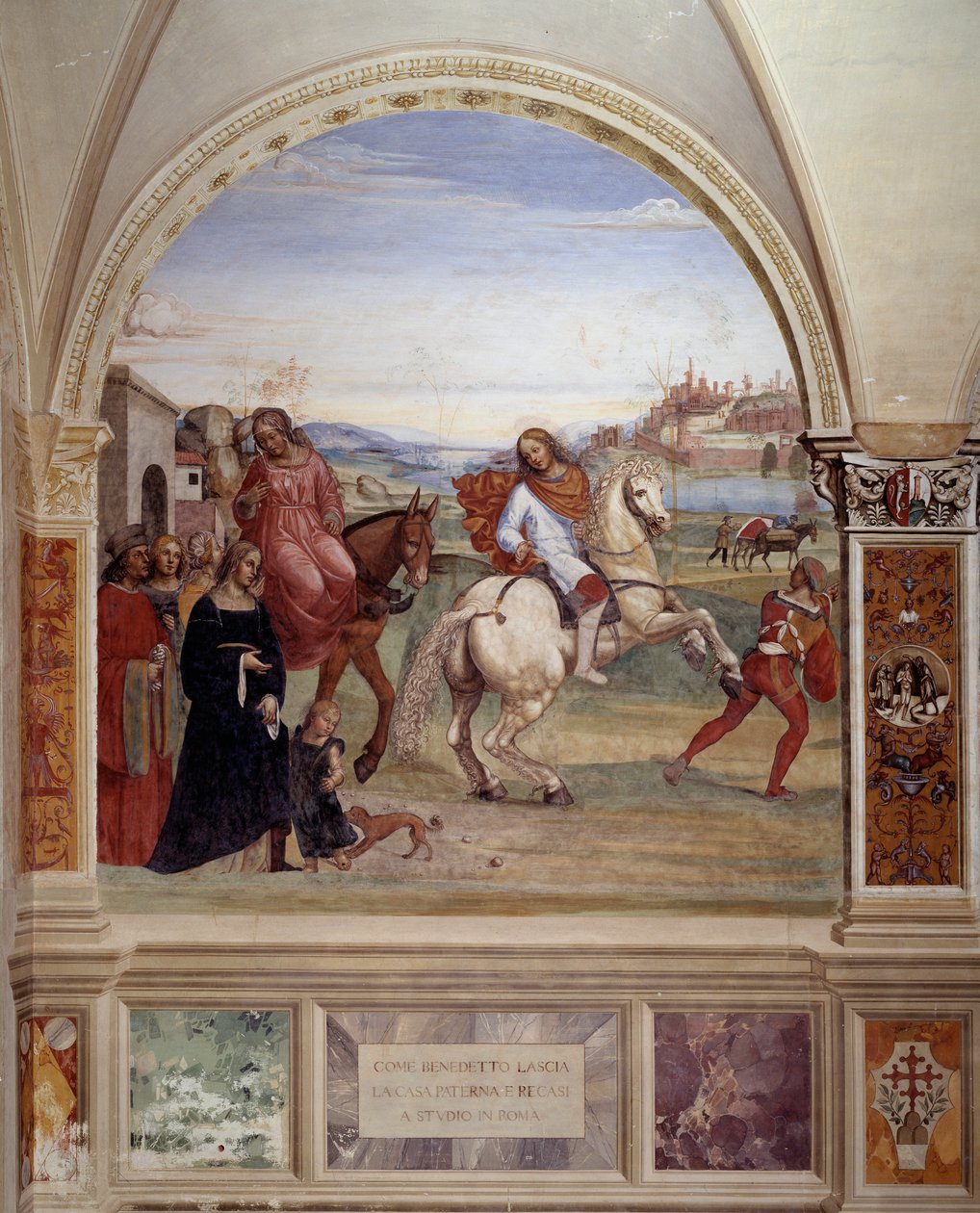 "Kuinka Benedict lähti isänsä talosta ja meni Roomaan opiskelemaan" (Benedict lähti isänsä talosta ja meni Roomaan opiskelemaan) Antonio Bazzi dit il Sodoma (1477-1549) luostarifreskon, joka kertoo Pyhän Benedictus Nursian elämästä ( 480 - 567) perustettu tekijältä Giovanni Antonio Bazzi Sodoma