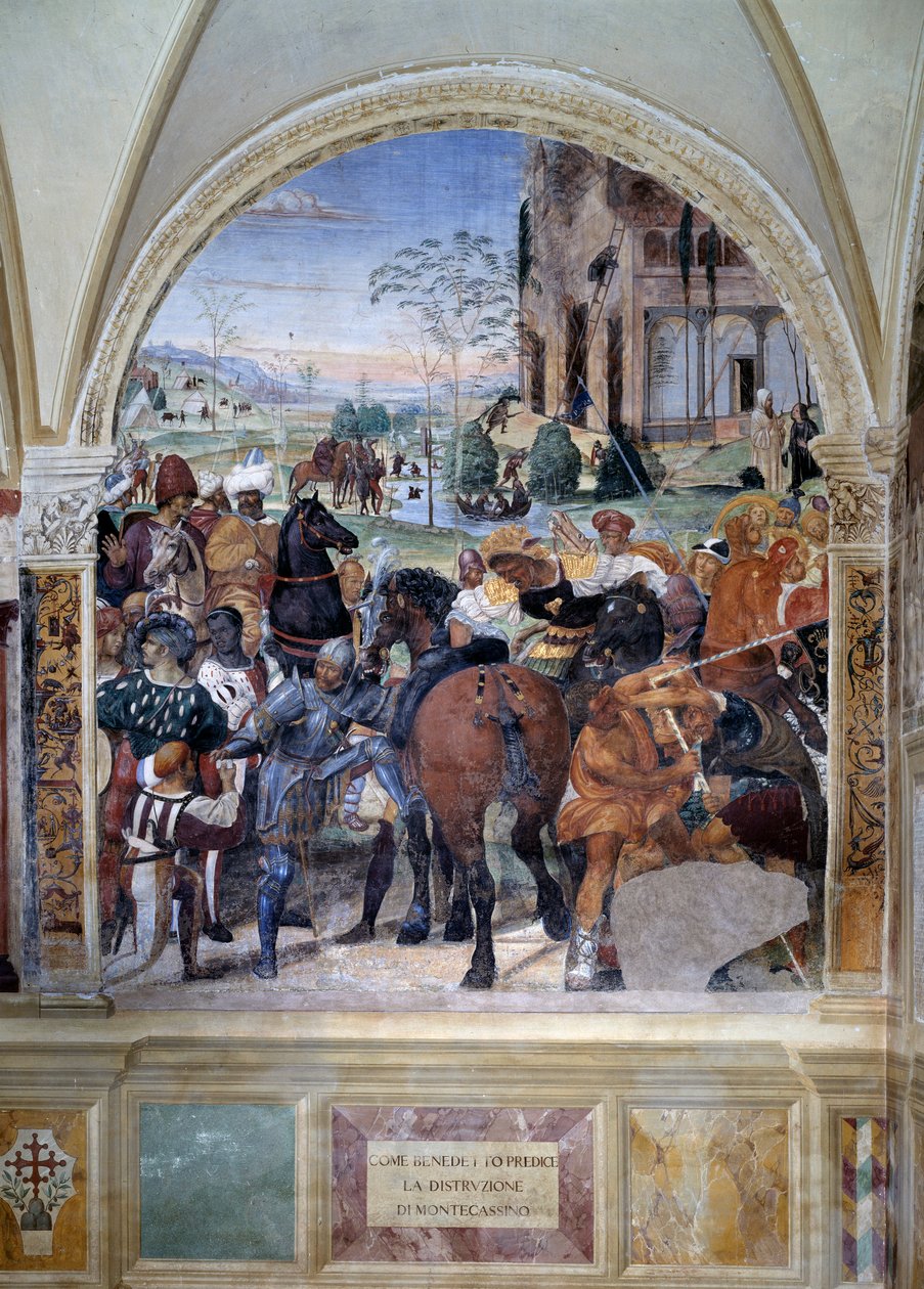 Kuinka Benedictus ennustaa Monte Cassinon tuhoa (Pyhä Benedictus ennustaa Monte Cassinon tuhoa) Yksityiskohta - Antonio Bazzi dit il Sodoma (1477 - 1549) luostarin fresko, joka kertoo Pyhän Benedictus Nursielaisen (480 - 567) elämästä fou tekijältä Giovanni Antonio Bazzi Sodoma