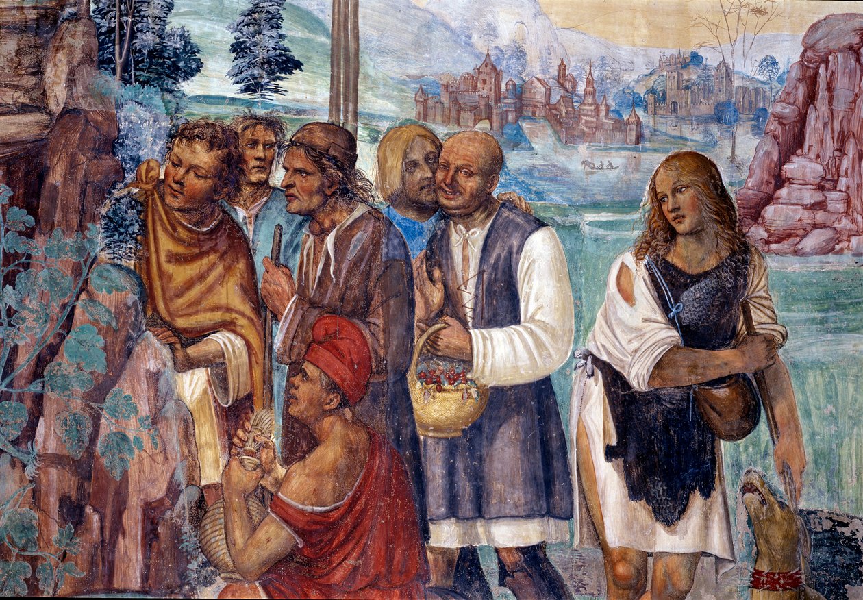 Kuinka Benedictus opettaa pyhää oppia hänen luonaan vieraileville talonpojille Antonio Bazzi dit il Sodoman (1477 - 1549) toteuttama luostarin yksityiskohta fresko, joka kertoo Benedict of Nursian (480 - 567) Benedictiiniritarikunnan perustajan 1503 elämäs tekijältä Giovanni Antonio Bazzi Sodoma