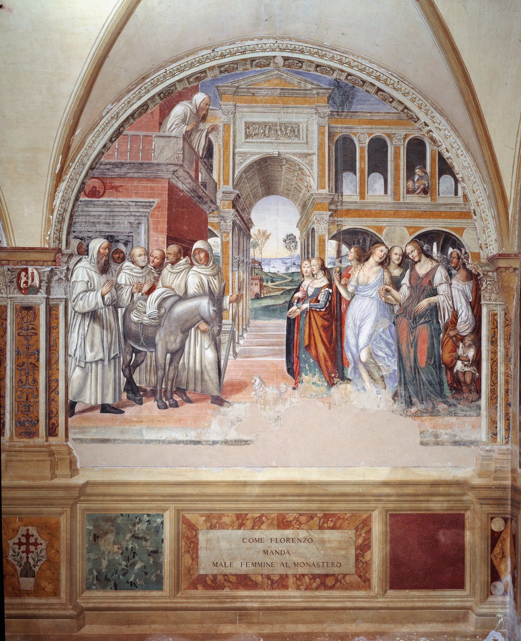 Kuinka Fiorenzo lähettää prostituoituja luostariin (Kuinka Fiorenzo lähettää prostituoituja luostariin) - Antonio Bazzi dit il Sodoman (1477 - 1549) luostarin fresko kertoo ritarikunnan perustajan Pyhän Benedictus Nursian (480 - 567) elämästä / tekijältä Giovanni Antonio Bazzi Sodoma