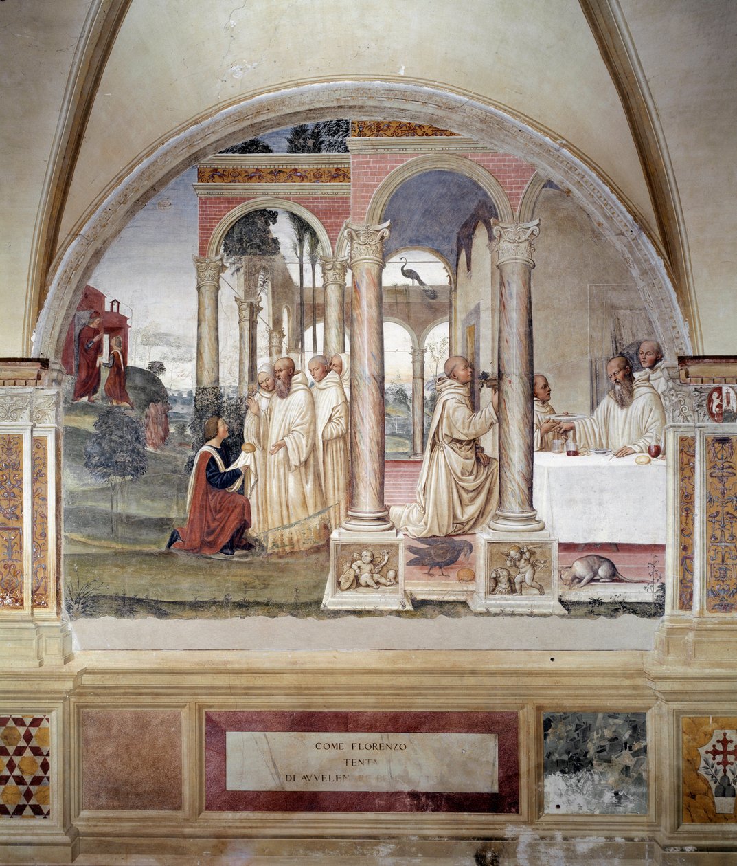 Kuinka Florent yrittää myrkyttää Benoitin (Kuinka Fiorenzo yrittää myrkyttää pyhän Benedictin) - Antonio Bazzi dit il Sodoman (1477 - 1549) seinäfresko kertoo Benedictin (480 - 567) Benediktiinikunnan perustajan elämästä 1508 Abbey 1508 - Monte Olivista tekijältä Giovanni Antonio Bazzi Sodoma