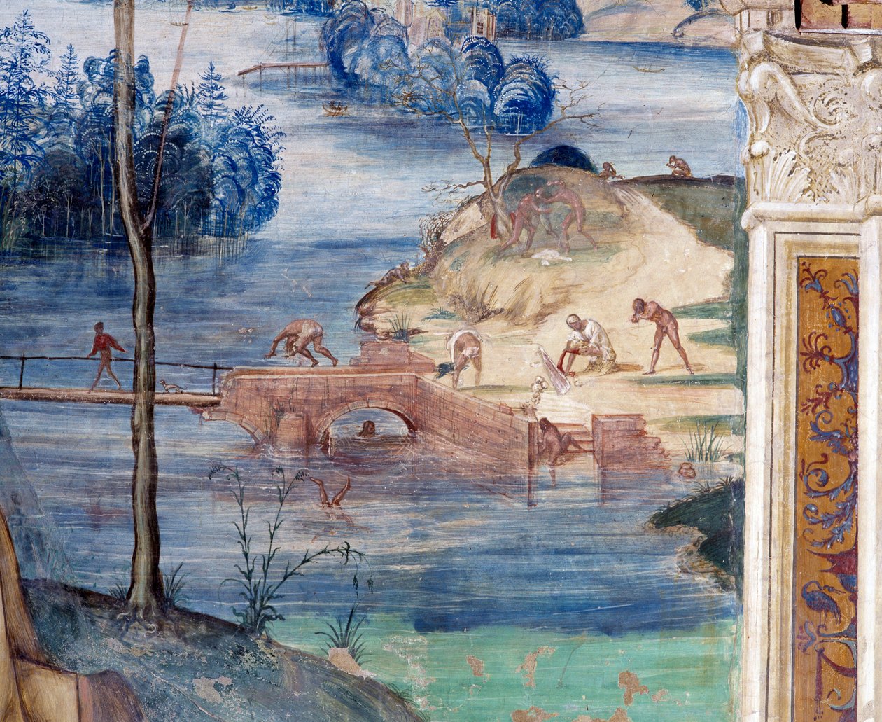 Kuinka Saint Maur kävelee veden päällä pelastaakseen Placidin (Maurus kävelee veden päällä pelastaakseen Placidin) - Yksityiskohta Antonio Bazzi dit il Sodoman (1477-1549) luostarin fresko, joka kertoo Pyhän Benedict of Nursielaisen (480 - 567) elämästä )  tekijältä Giovanni Antonio Bazzi Sodoma