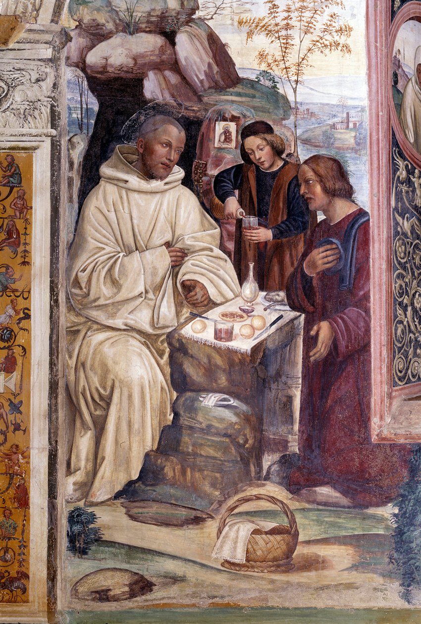 Kuinka pappi toi ruokaa Benedictille pääsiäisenä (pappi toi ruokaa Benedictille pääsiäisenä) Yksityiskohta - Antonio Bazzi dit il Sodoma (1477 - 1549) luostarin fresko kertoo Pyhän Benedictus Nursian (480 - 567) perustajan elämästä Benin ritarikunta tekijältä Giovanni Antonio Bazzi Sodoma