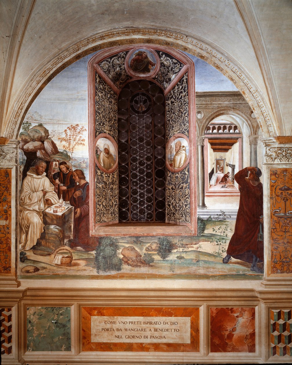 Kuinka pappi toi ruokaa Benedictille pääsiäisenä - Antonio Bazzi dit il Sodoman (1477 - 1549) luostarin fresko kertoo Benediktiinikunnan perustajan 1503 - 1508 luostarissa pyhän Benedictus Nursian (480 - 567) elämästä Monte Oliveto Ma tekijältä Giovanni Antonio Bazzi Sodoma