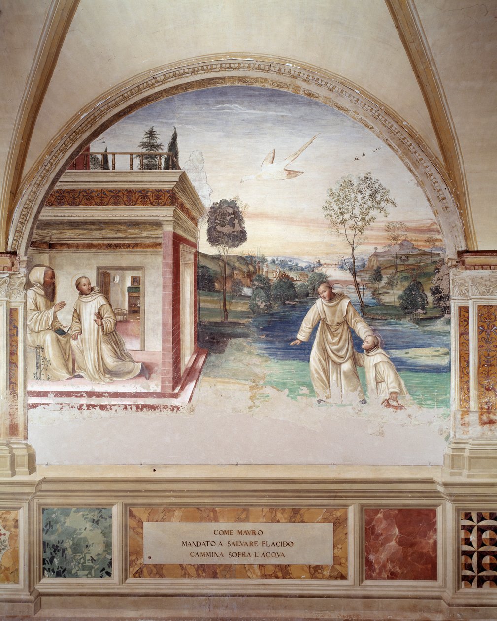 Maur kävelee veden päällä pelastaakseen St Placidin (St Maurus kävelee veden päällä pelastaakseen St Placidin) Antonio Bazzi dit il Sodoman (1477 - 1549) luostarin fresko, joka kertoo Pyhän Benedict of Nursie (480 - 567) elämästä. benediktiiniläisten ritar tekijältä Giovanni Antonio Bazzi Sodoma