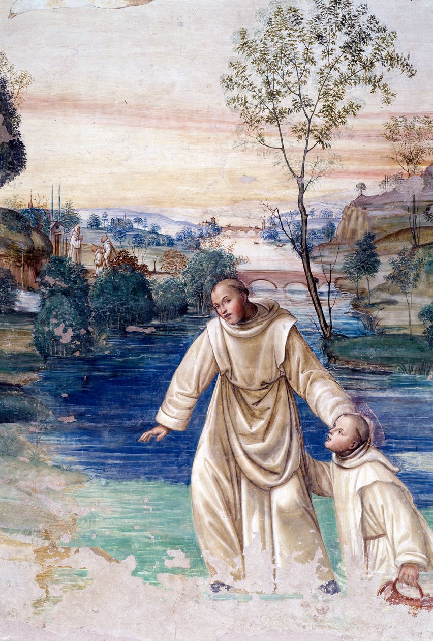 Mauri kävelee veden päällä pelastaakseen St Placidin yksityiskohtaluosterin Antonio Bazzin dit il Sodoman (1477 - 1549) freskon, joka kertoo benediktiiniritarikunnan perustajan Pyhän Benedict of Nursie (480 - 567) elämästä 1503 - 1508 Floren Floren luostar tekijältä Giovanni Antonio Bazzi Sodoma