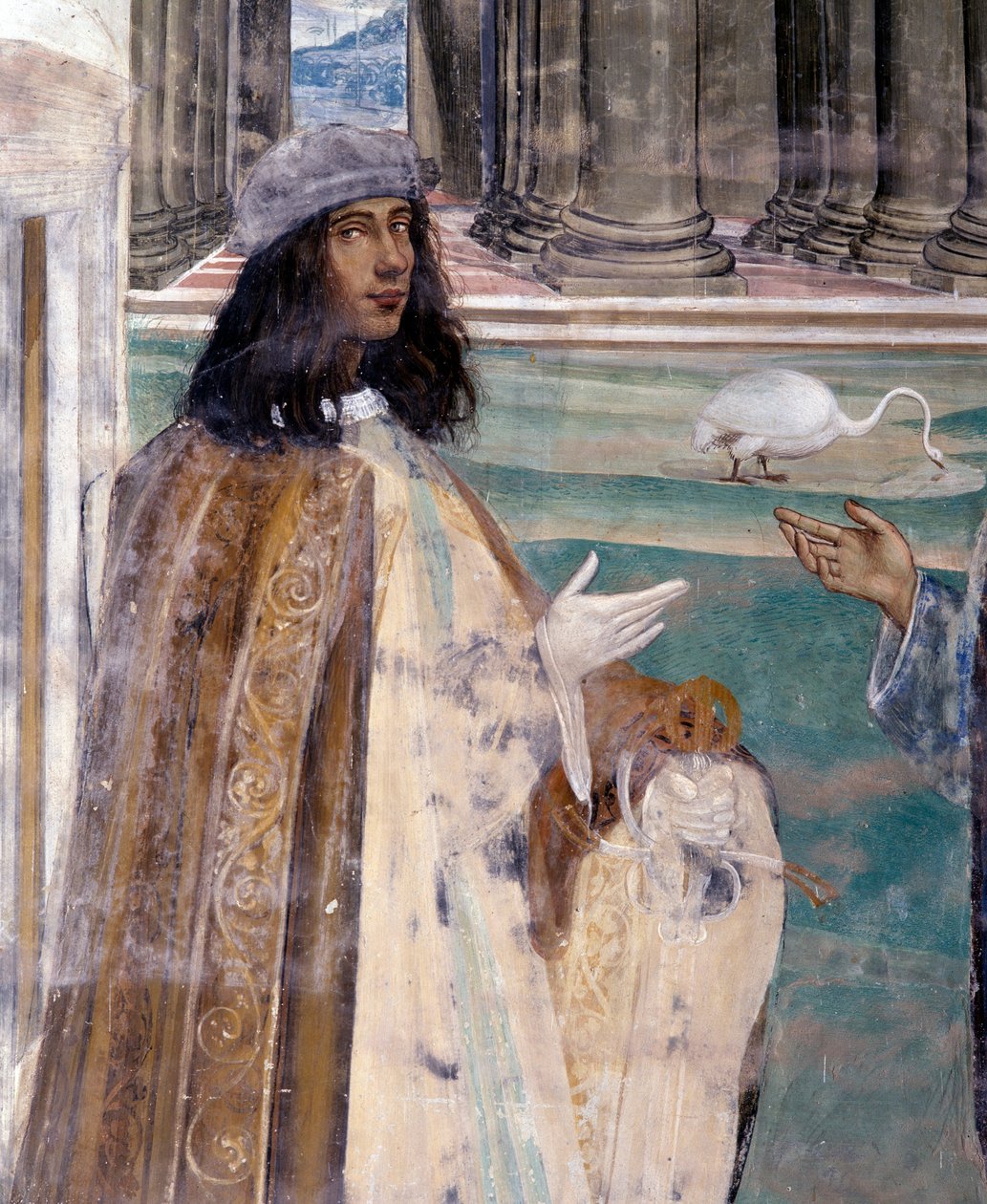 Pyhä Benedictus korjaa katkenneen seulan Taiteilijan omakuva - Yksityiskohta Fresko kloostista Antonio Bazzi dit il Sodoman (1477 - 1549), joka kertoo Benedict of Nursielaisen (480 - 567) Benedictiiniritarikunnan perustajan 1503 elämästä - 1508 tekijältä Giovanni Antonio Bazzi Sodoma