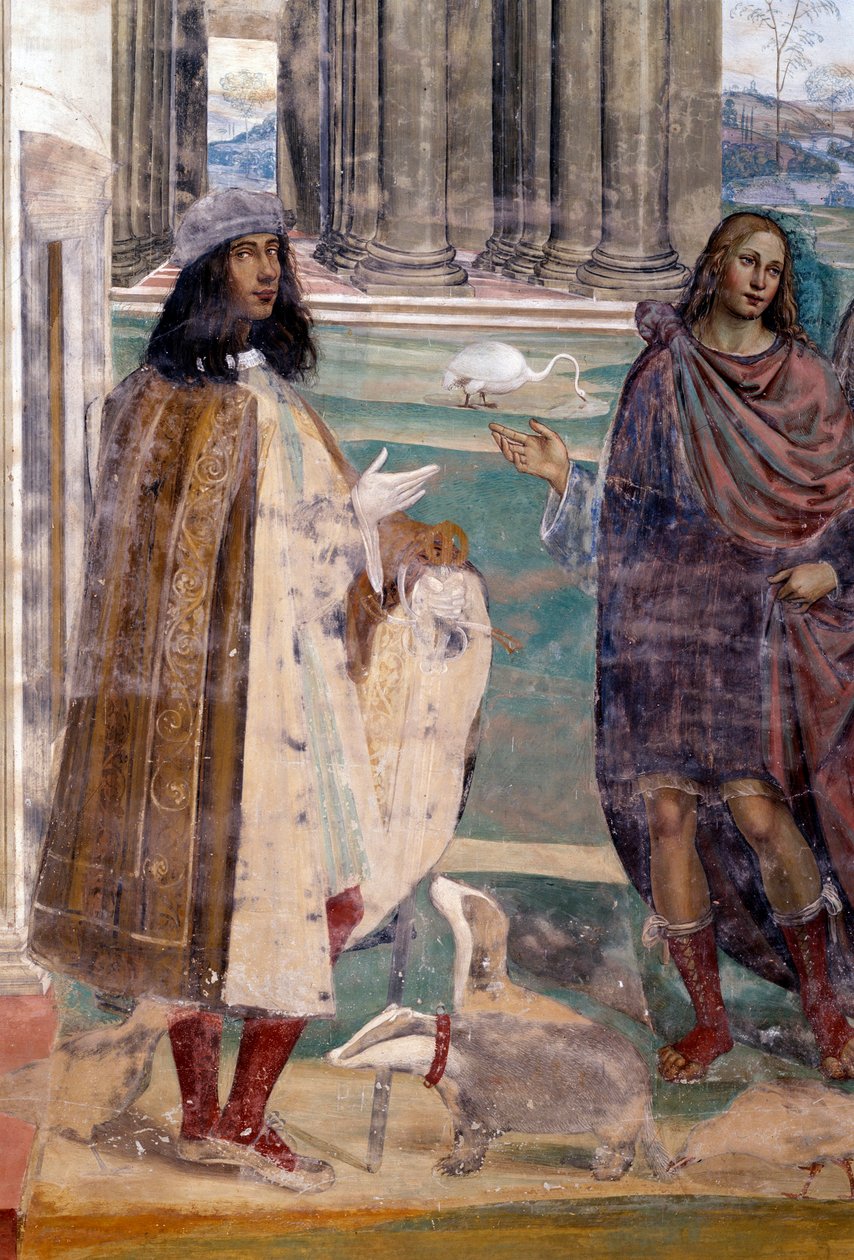 Pyhä Benedictus korjaa katkenneen seulan Taiteilijan omakuva - Yksityiskohta Fresko kloostista Antonio Bazzi dit il Sodoman (1477 - 1549), joka kertoo Benedict of Nursielaisen (480 - 567) Benedictiiniritarikunnan perustajan 1503 elämästä - 1508 tekijältä Giovanni Antonio Bazzi Sodoma