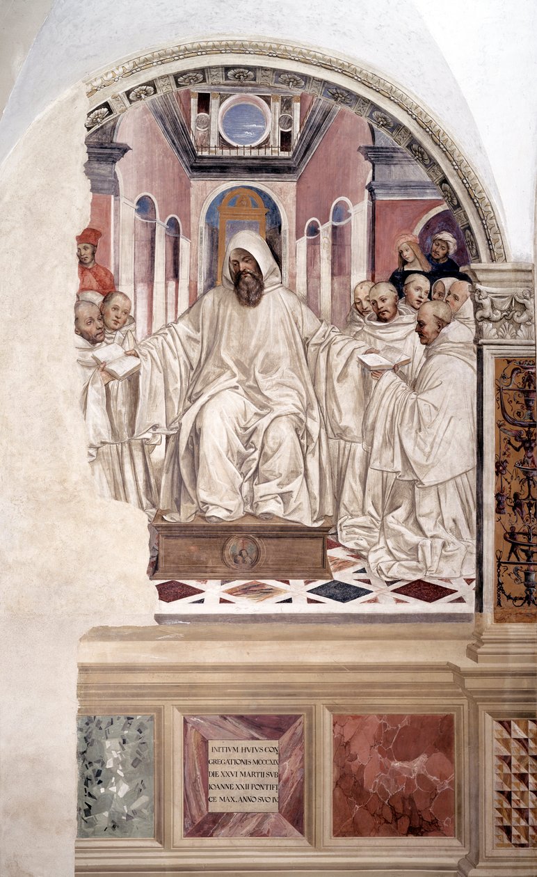 Pyhä Benedictus antaa säännön munkeille (Benediktus antaa säännön munkeille) Antonio Bazzi dit il Sodoman (1477 - 1549) luostarin fresko, joka kertoo ritarikunnan perustajan Pyhän Benedictus Nursielaisen (480 - 567) elämästä benediktiiniläisten 1503 tekijältä Giovanni Antonio Bazzi Sodoma