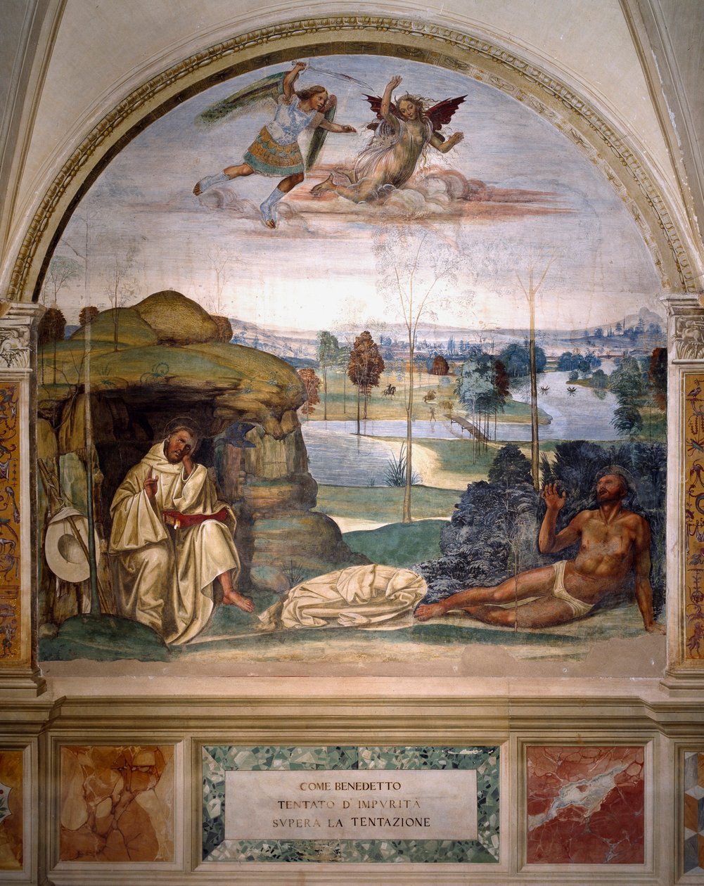 Pyhä Benedictus voittaa kiusauksen heittäytymällä alasti orjantappurapensaan, kun taas enkeli taistelee Antonio Bazzi dit il Sodoman (1477 - 1549) munkkien ruokasalin demonia vastaan, joka kertoo pyhän benediktiiniläisen (48) elämästä. tekijältä Giovanni Antonio Bazzi Sodoma