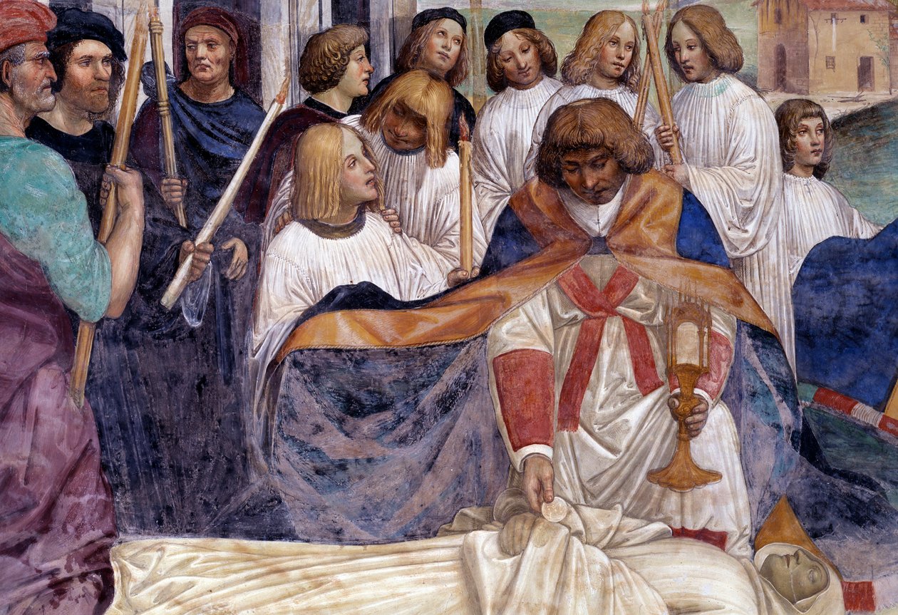 Pyhä Benedictus kantaa Kristuksen ruumista munkin ruumiin päällä, jota maa kieltäytyy hautaamasta Antonio Bazzi dit il Sodoman (1477 - 1549) toteuttama fresko kloostista, joka kertoo pyhän Benedict of Nursielaisen (480 - 567) perustajan elämästä Ordesta tekijältä Giovanni Antonio Bazzi Sodoma