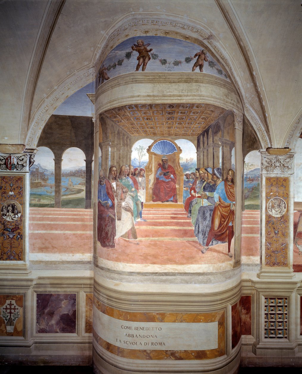 Pyhä Benedict jättää Rooman koulun luostarin freskon, jonka on valmistanut Antonio Bazzi dit il Sodoma (1477 - 1549) ja kertoo Benedict of Nursie -ritarikunnan perustajan 1503 - 1508 Oliveto Maggi of Montere -luostari Saint Benedict of Nursie (480 - 567) e tekijältä Giovanni Antonio Bazzi Sodoma