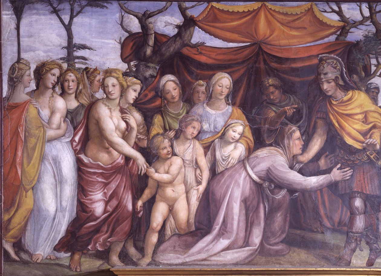 Sala delle Nozze di Alessandro e Rossana Aleksanteri Suuren avioliiton sali 356-323 eKr. ja Roxanne yksityiskohta Aleksanteri Darius III:n perheen kanssa, noin 1513 fresko. tekijältä Giovanni Antonio Bazzi Sodoma