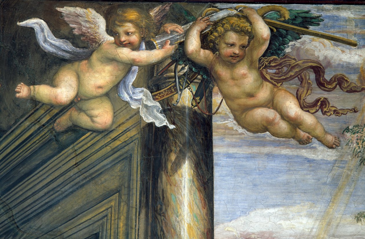 Sala delle Nozze di Alessandro e Rossana Aleksanteri Suuren avioliiton sali 356-323 eKr. ja Roxannen avioliiton yksityiskohta, kaksi lentävää puttia, n.1513 fresko yksityiskohta, 107224 tekijältä Giovanni Antonio Bazzi Sodoma