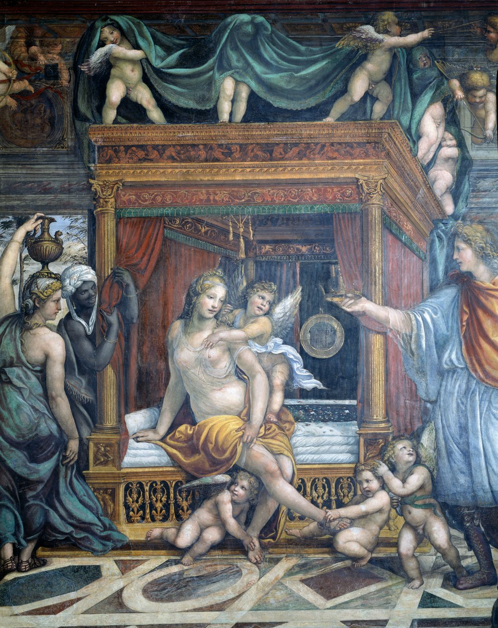 Sala delle Nozze di Alessandro e Rossana Aleksanteri Suuren avioliiton sali 356-323 eKr. ja Roxannen avioliiton sali yksityiskohta Roxannesta makuuhuoneessaan, kun Aleksanteri esittelee hänelle kruunun, noin 1513 fr. tekijältä Giovanni Antonio Bazzi Sodoma