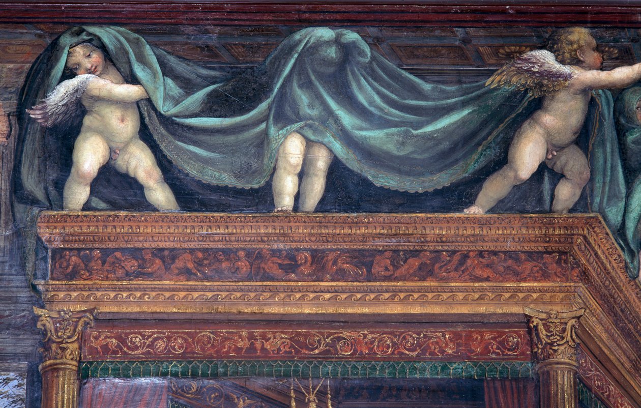 Sala delle Nozze di Alessandro e Rossana Aleksanteri Suuren avioliiton sali 356-323 eKr. ja Roxannen avioliiton sali yksityiskohta putteja leikkimässä sängyn kuomun alla, n.1513 fresko yksityiskohta 107228 tekijältä Giovanni Antonio Bazzi Sodoma