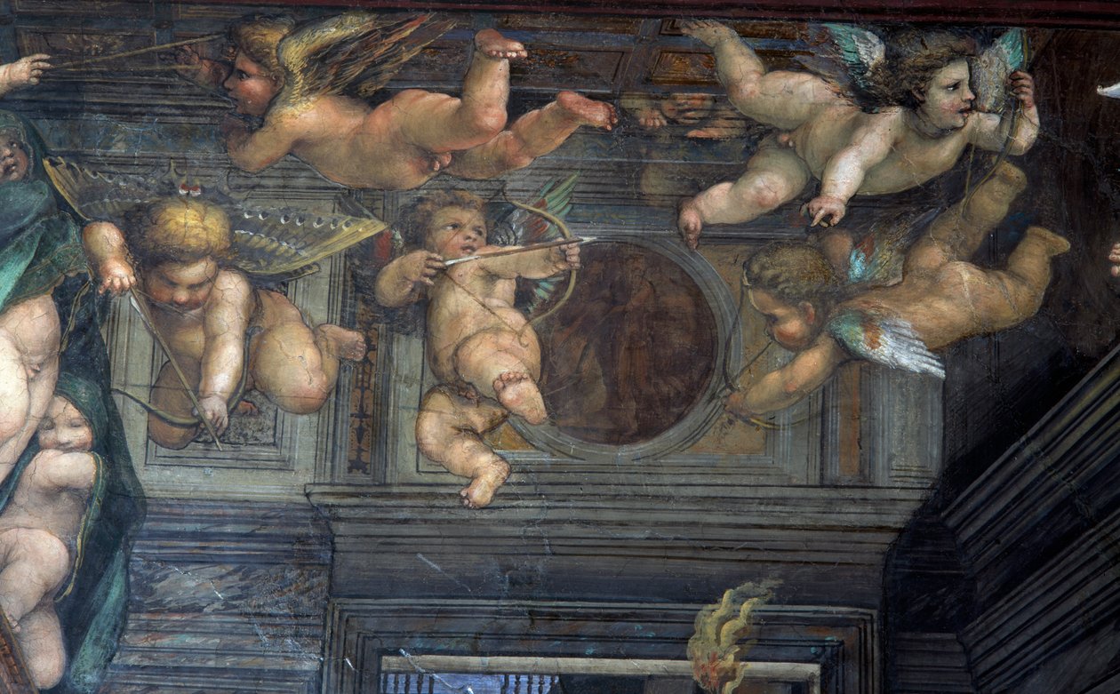 Sala delle Nozze di Alessandro e Rossana Sali Aleksanteri Suuren ja Roxannen avioliiton 356-323 eKr. yksityiskohta lentäviä putteja, n.1513 fresko yksityiskohta 107226:sta. tekijältä Giovanni Antonio Bazzi Sodoma