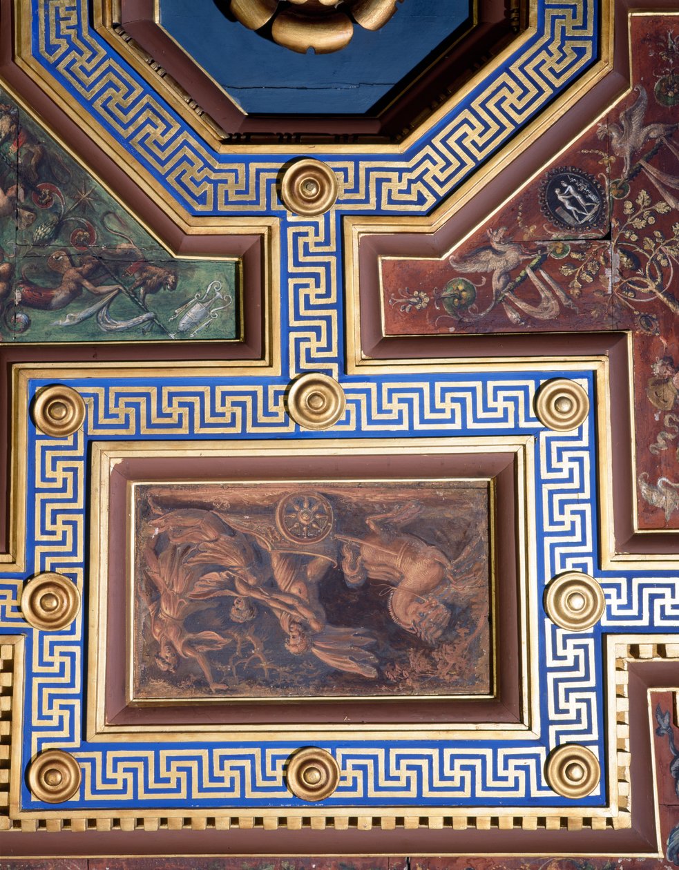 Sala delle Nozze di Alessandro e Rossana Aleksanteri Suuren avioliiton sali 356-323 eKr. ja Roxanne yksityiskohta kattokoristeesta, noin 1513 fresko. tekijältä Giovanni Antonio Bazzi Sodoma