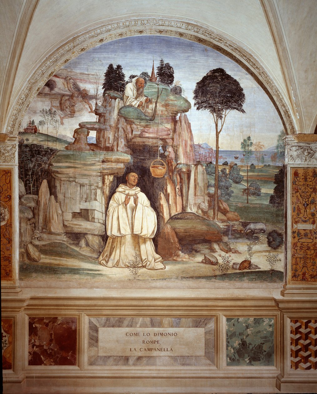 Demoni rikkoo kellon - Demoni rikkoo luostarin kellofreskon, jonka on tehnyt Antonio Bazzi dit il Sodoma (1477 - 1549), joka kertoo Benedict of Nursielaisen (480 - 567) benediktiiniritarikunnan perustajan elämästä 1503 - 1508 Monte Olivetista tekijältä Giovanni Antonio Bazzi Sodoma