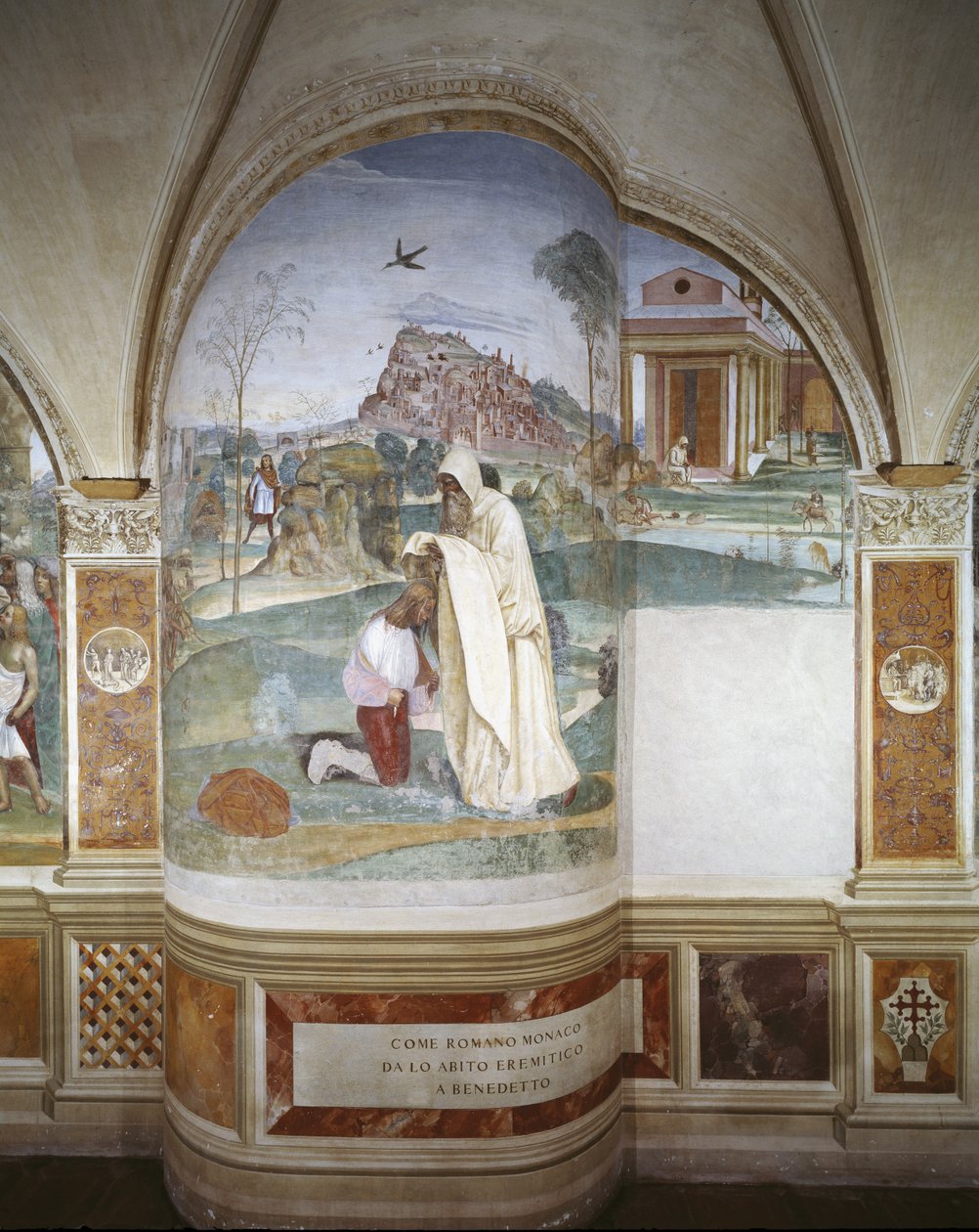 Munkki Romano antaa Benedictille erakkotavan tekijältä Giovanni Antonio Bazzi Sodoma