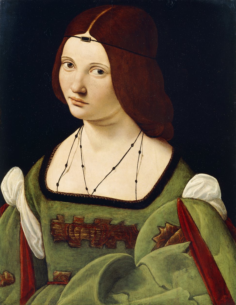Naisen muotokuva, jonka sanotaan olevan Clarice Pusterla, puolipitkä, vihreässä mekossa, tekijältä Giovanni Antonio Boltraffio
