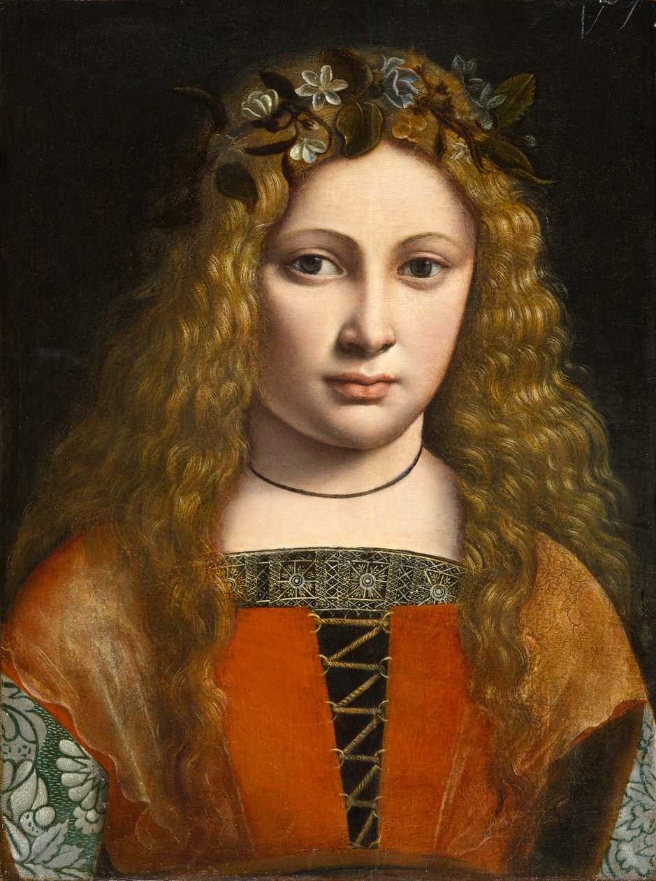 Kukkien kruunaama muotokuva nuoresta tytöstä, noin 1490. tekijältä Giovanni Antonio Boltraffio