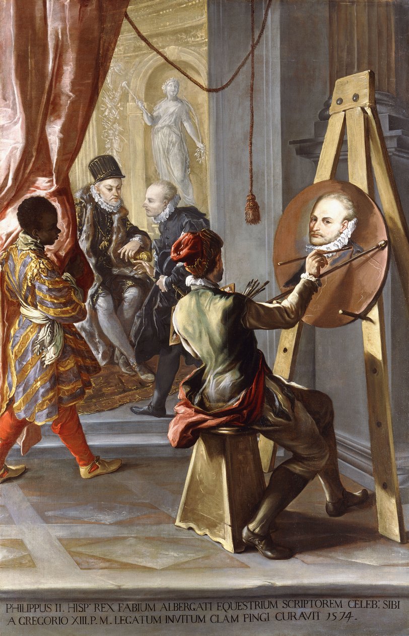 Fabio Albergati vastaanotti espanjalaisen Philip II:n, kun taas taiteilija toteuttaa muotokuvaansa salaa kuninkaan ohjeiden mukaan tekijältä Giovanni Antonio Burrini or Burino