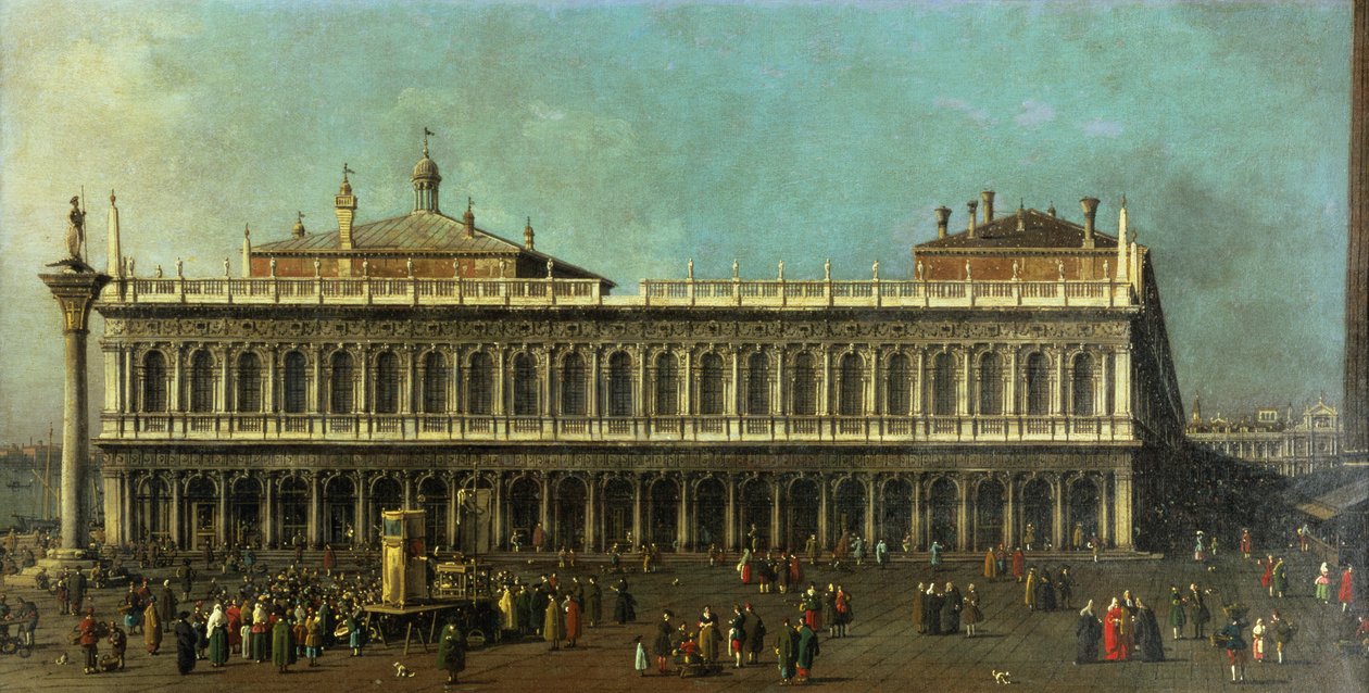 Kirjasto ja Piazzetta, Venetsia, Katse länteen lukuisilla hahmoilla ja nukketeatterilla, n. 1740 tekijältä Giovanni Antonio Canal