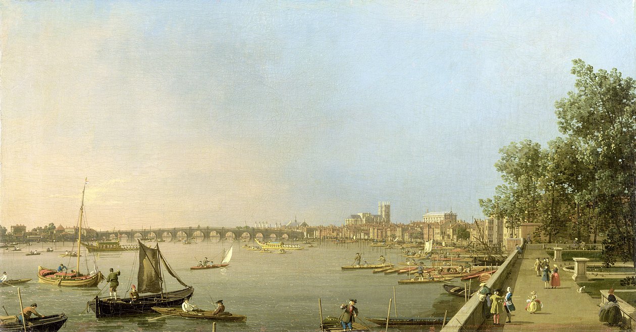 Thames Somerset Housen terassilta, katsoen ylävirtaan kohti Westminsteriä ja Whitehallia, n. 1750 tekijältä Giovanni Antonio Canal