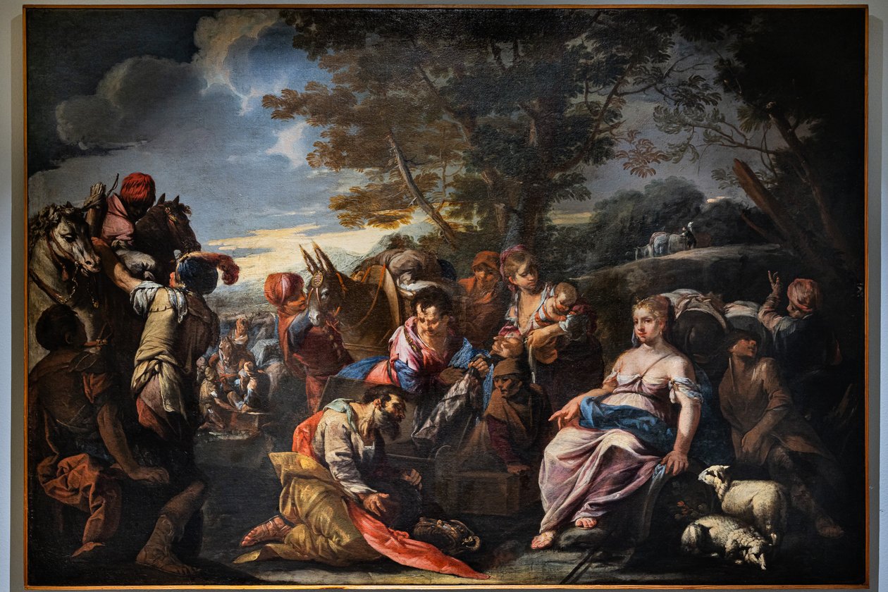 Laban etsii Raakelin piilottamia epäjumalia XVIII vuosisadan alussa (öljy kankaalle) tekijältä Giovanni Antonio De (1671–1751) Pieri