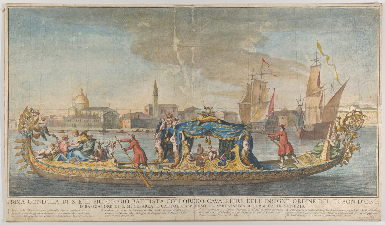 Korkeasti koristeltu ensimmäinen gondoli, jonka suurlähettiläs Giovanni Battista Colloreado saapui..., 1720-30. tekijältä Giovanni Antonio Faldoni